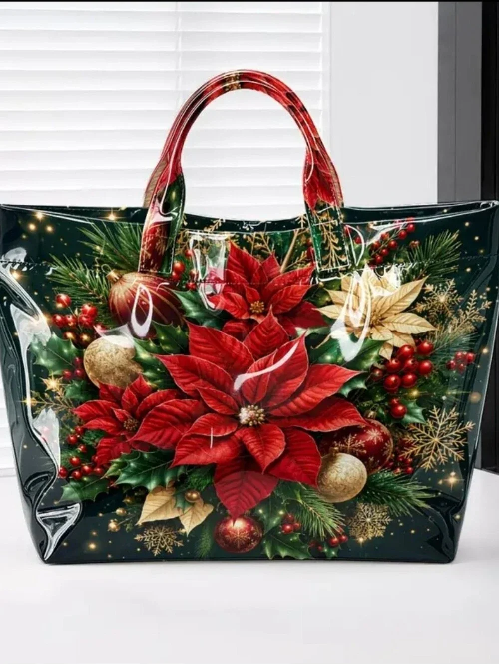 Beautiful Poinsettia Holiday Tote Bag Large Size PVC Daily Commute